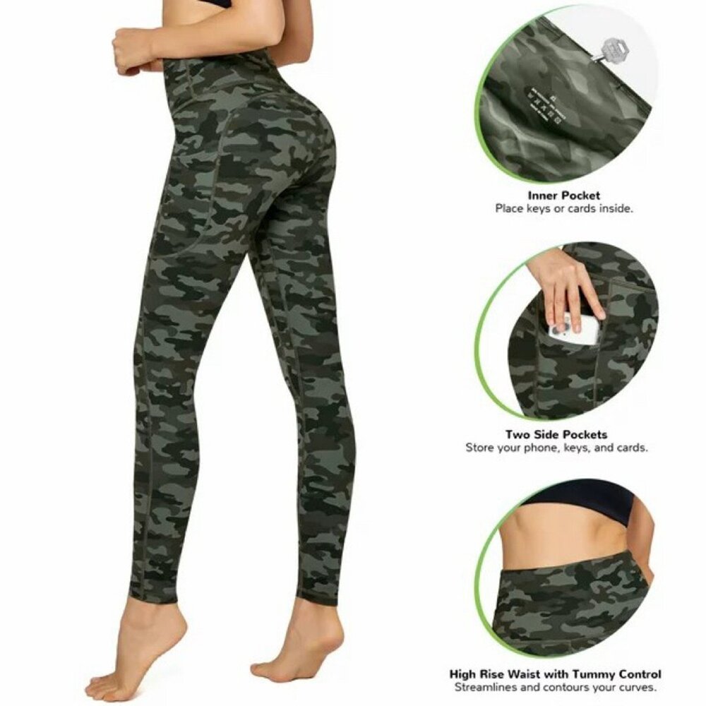 Women's Creamy Poly Spandex Tummy Control Yoga Leggings w/Pockets Grn Camo M-XL